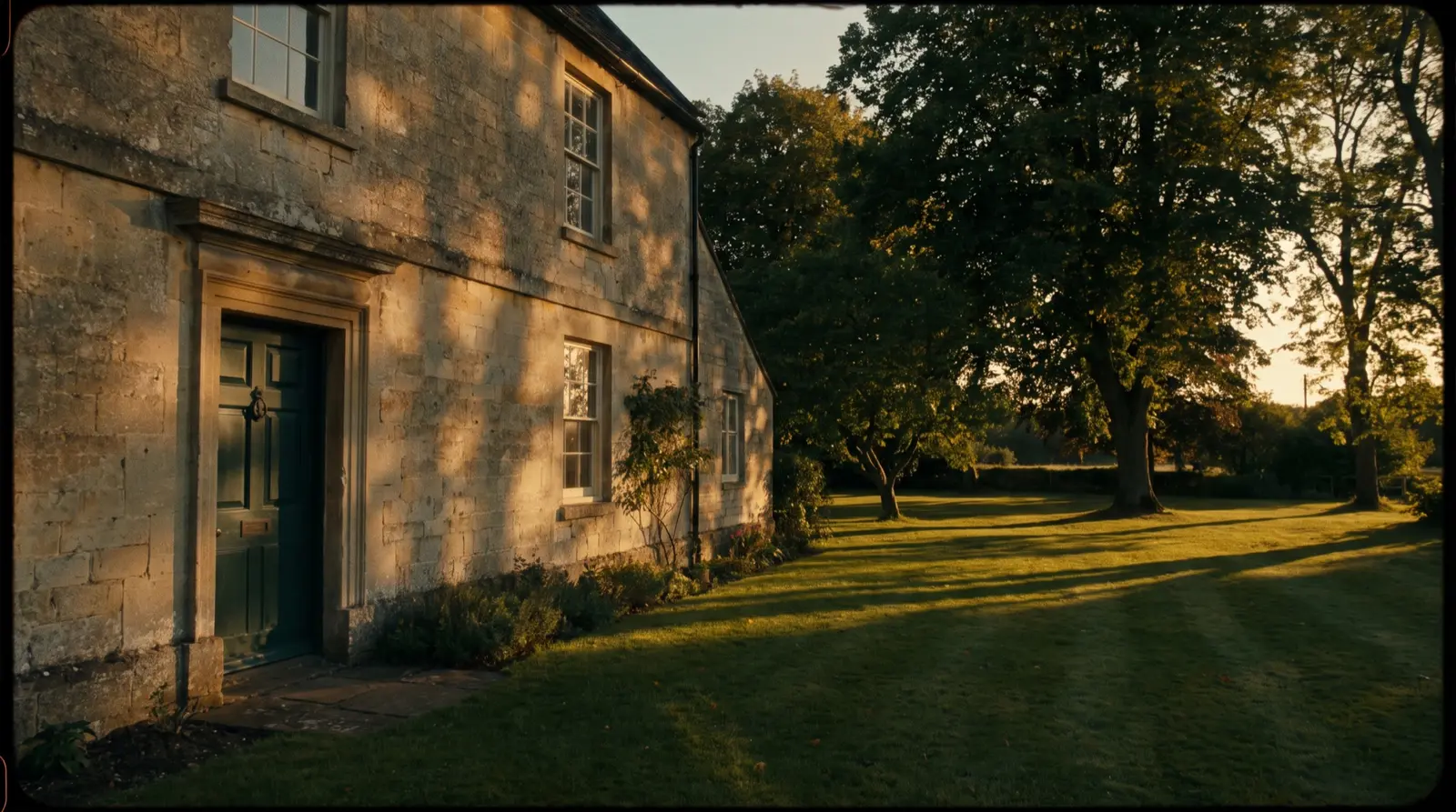 Cinematisches Still eines Natursteinhauses mit tannengrüner Haustür im goldenen Abendlicht, Filmlook mit weichen Schatten — KI-generierte Beispielaufnahme