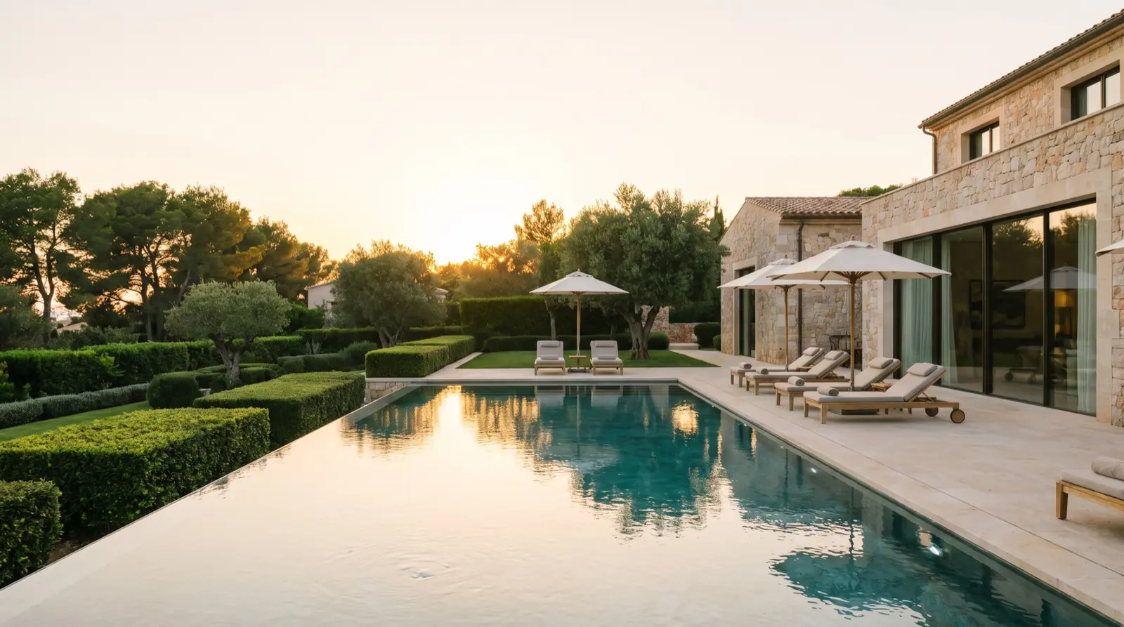 Pool-Terrasse einer Natursteinvilla mit Olivenbäumen, Sonnenschirmen und Liegen im späten Nachmittagslicht — KI-generierte Beispielaufnahme